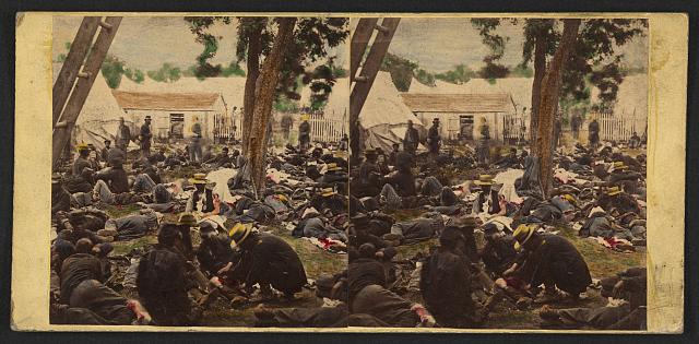 This steroprint, entitled "Tending wounded Union soldiers at Savage's Station, Virginia, during the Peninsular Campaign", includes soldiers who fought at Gaines Mills, during the Seven Days battles.